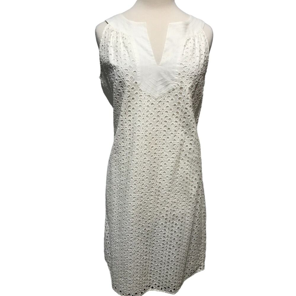 Tommy Bahama Size M Eyelet Shift Dress White Cotton Sleeveless Beach Vacation